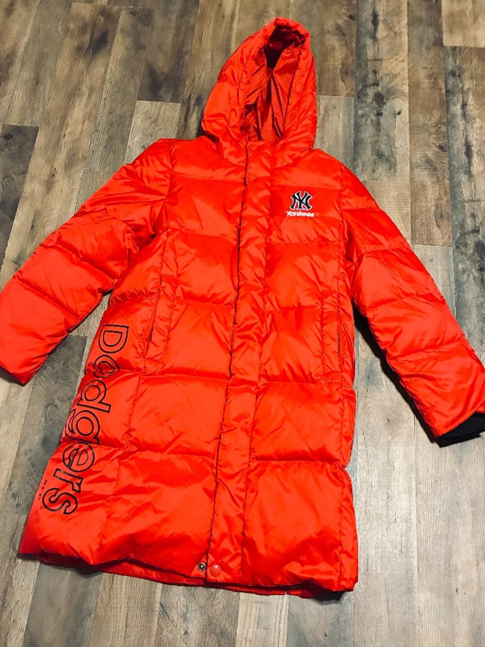 MLB New York Yankees Dodgers Long Puffer Jacket Parka Red Winter Coat Hooded
